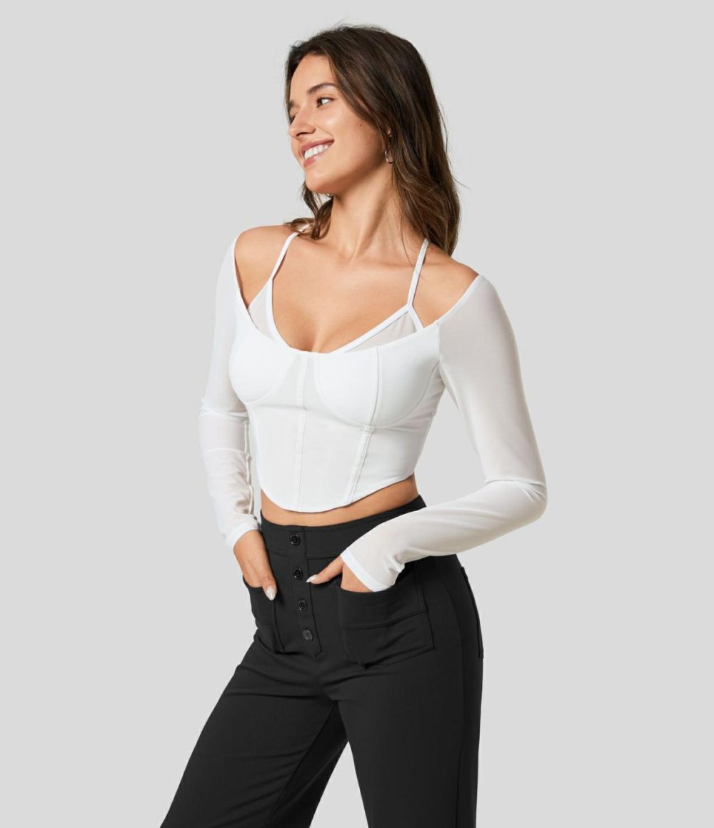 Sheer Adjustable Strap Backless Long Sleeve Mesh Corset Cropped Casual Top  | Womens  Long Sleeve Tops Clothing Black/Snow White