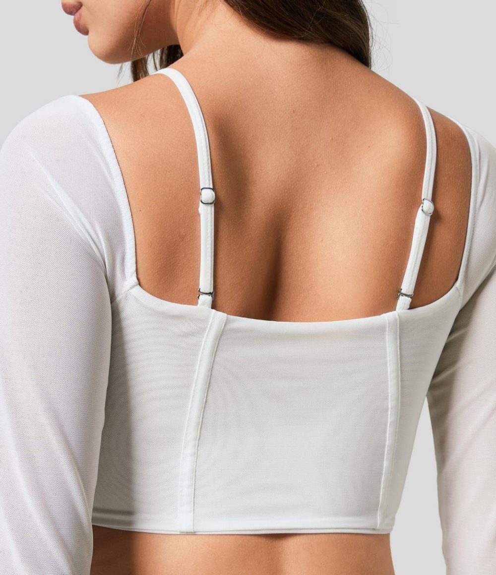 Sheer Adjustable Strap Backless Long Sleeve Mesh Corset Cropped Casual Top  | Womens  Long Sleeve Tops Clothing Black/Snow White