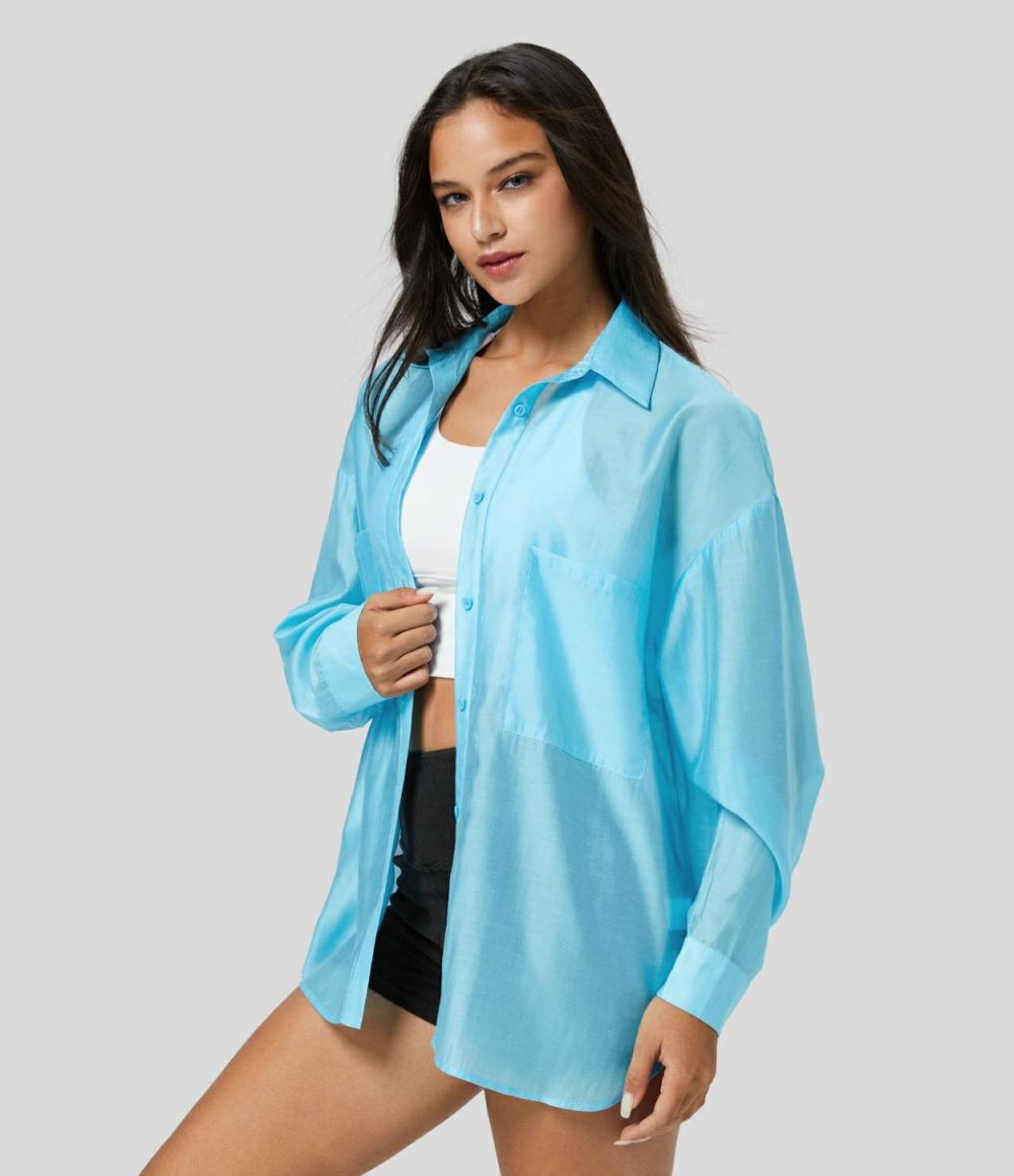 Sheer Collared Button Long Sleeve Chest Pocket Curved Hem Casual Shirt  | Womens  Long Sleeve Tops Clothing Long Sleeve Tops