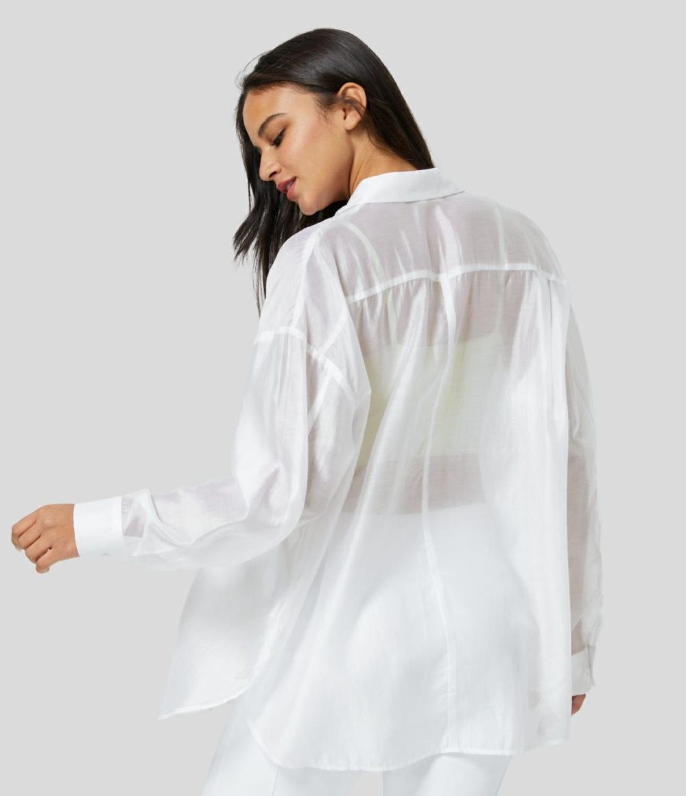 Sheer Collared Button Long Sleeve Chest Pocket Curved Hem Casual Shirt  | Womens  Long Sleeve Tops Clothing Long Sleeve Tops