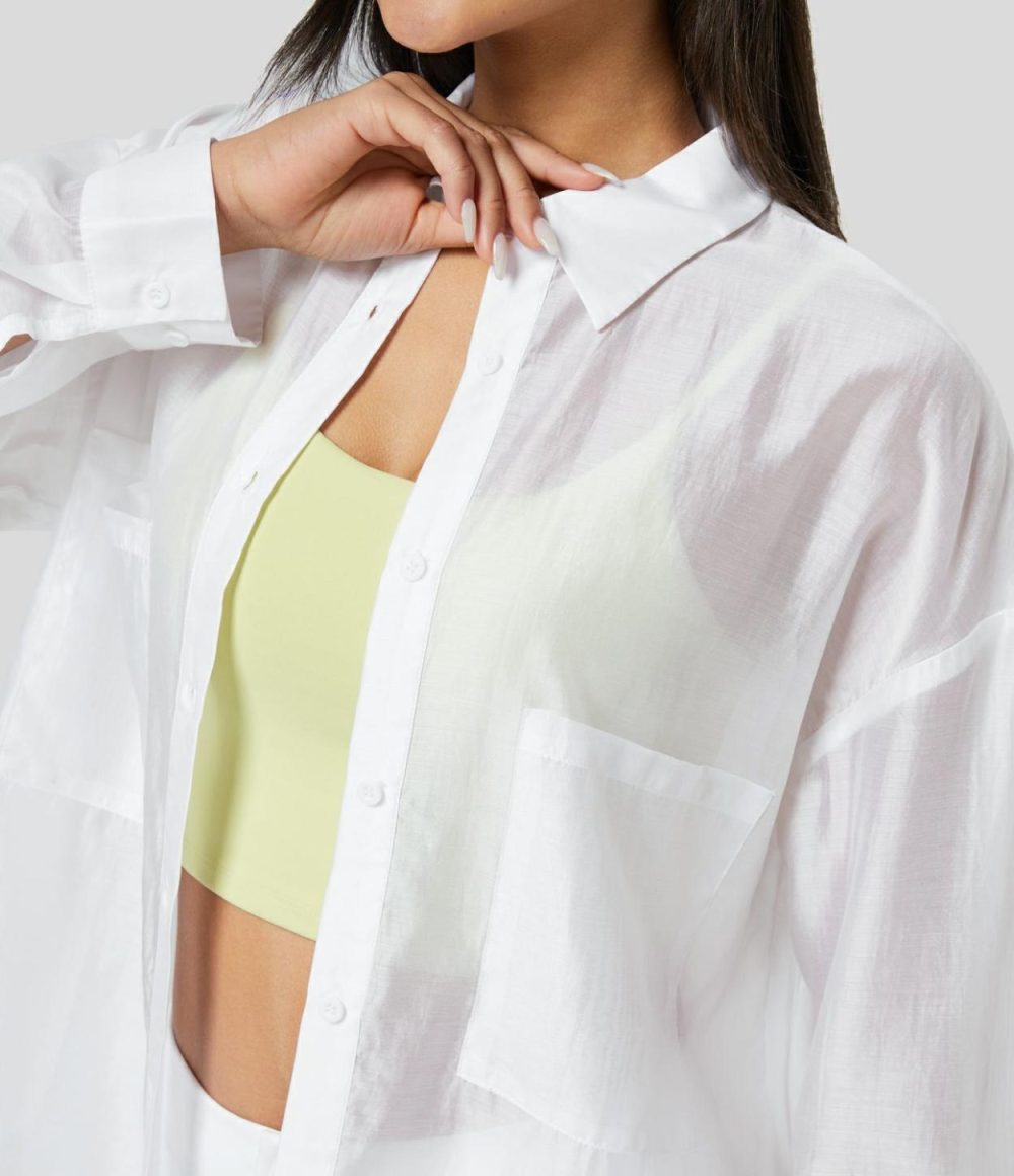 Sheer Collared Button Long Sleeve Chest Pocket Curved Hem Casual Shirt  | Womens  Long Sleeve Tops Clothing Long Sleeve Tops