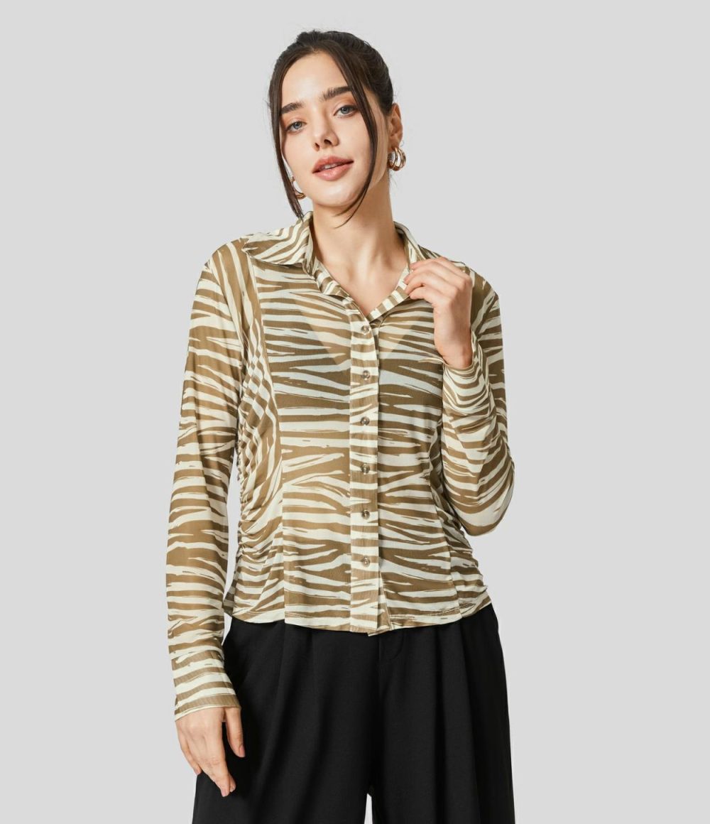 Sheer Collared Button Long Sleeve Ruched Animal Print Casual Shirt  | Womens  Long Sleeve Tops Clothing Long Sleeve Tops