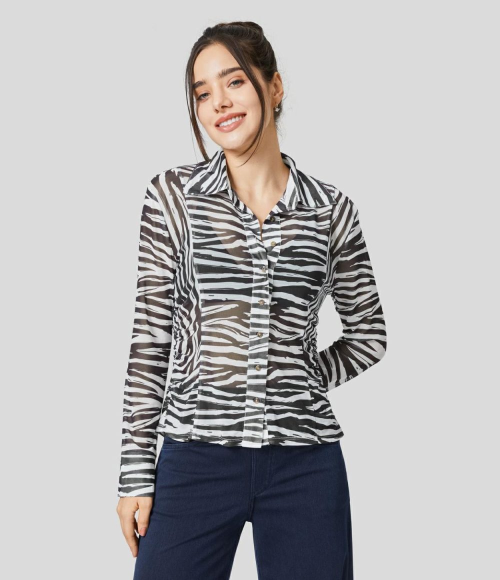 Sheer Collared Button Long Sleeve Ruched Animal Print Casual Shirt  | Womens  Long Sleeve Tops Clothing Long Sleeve Tops