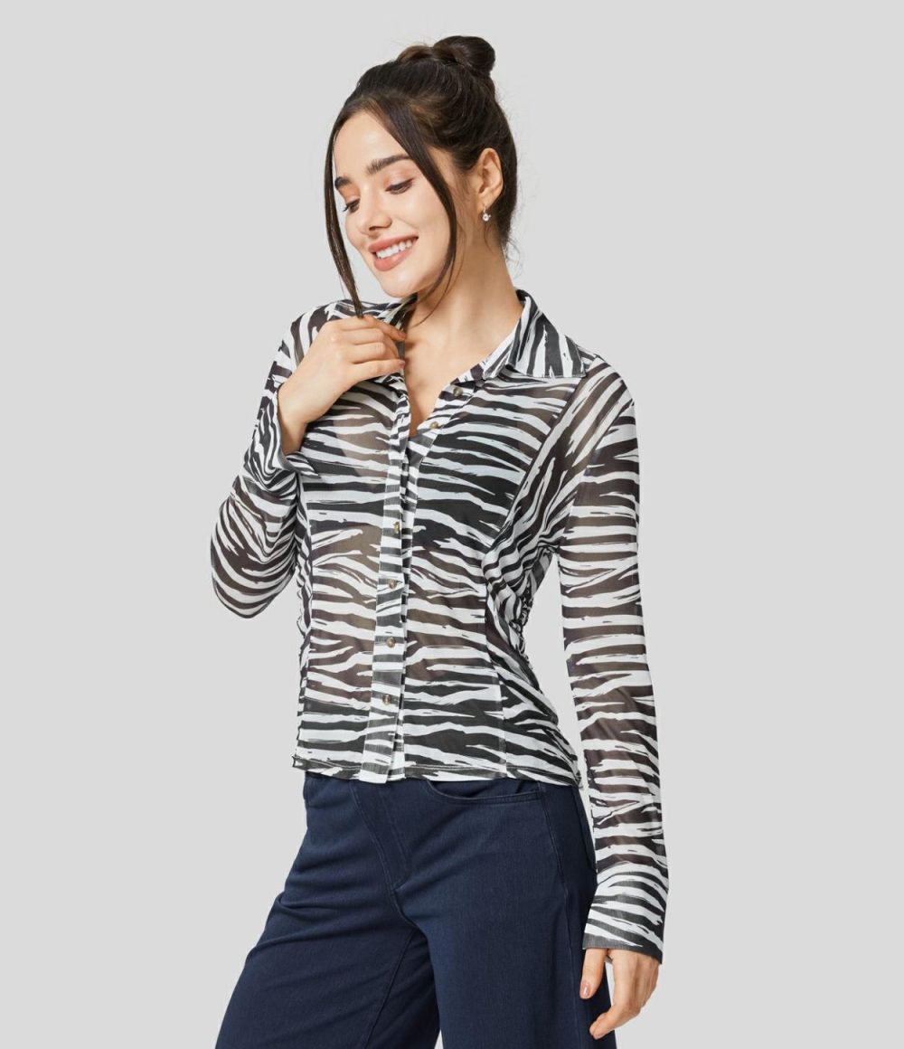 Sheer Collared Button Long Sleeve Ruched Animal Print Casual Shirt  | Womens  Long Sleeve Tops Clothing Long Sleeve Tops