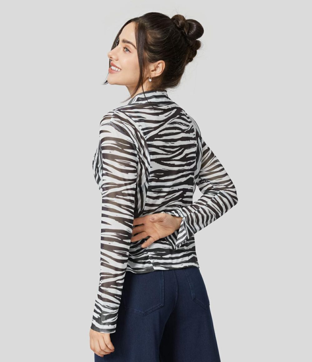 Sheer Collared Button Long Sleeve Ruched Animal Print Casual Shirt  | Womens  Long Sleeve Tops Clothing Long Sleeve Tops