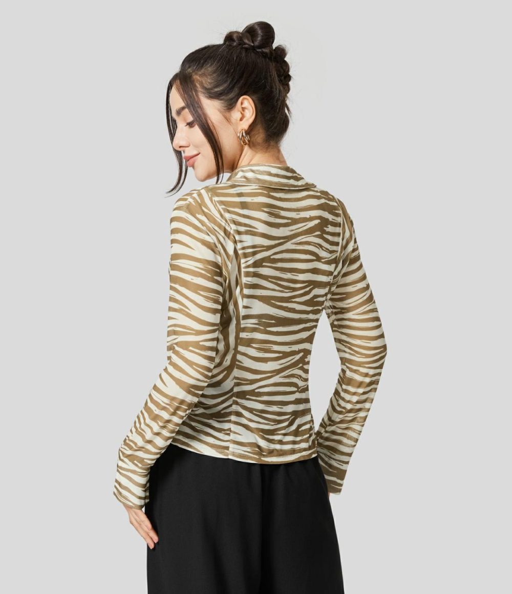 Sheer Collared Button Long Sleeve Ruched Animal Print Casual Shirt  | Womens  Long Sleeve Tops Clothing Long Sleeve Tops