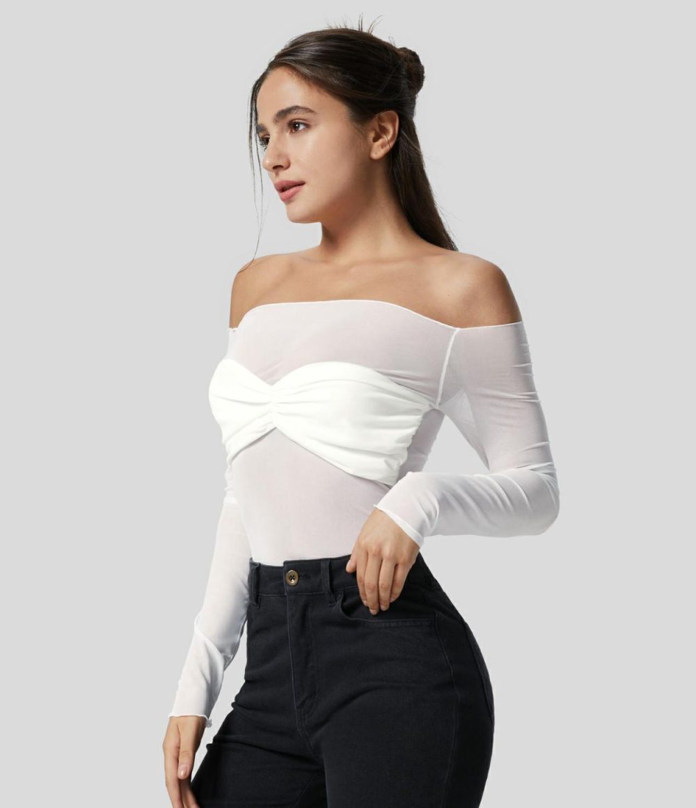 Sheer Mesh Off Shoulder Chest Ruched Party Top  | Womens  Long Sleeve Tops Clothing Black/White