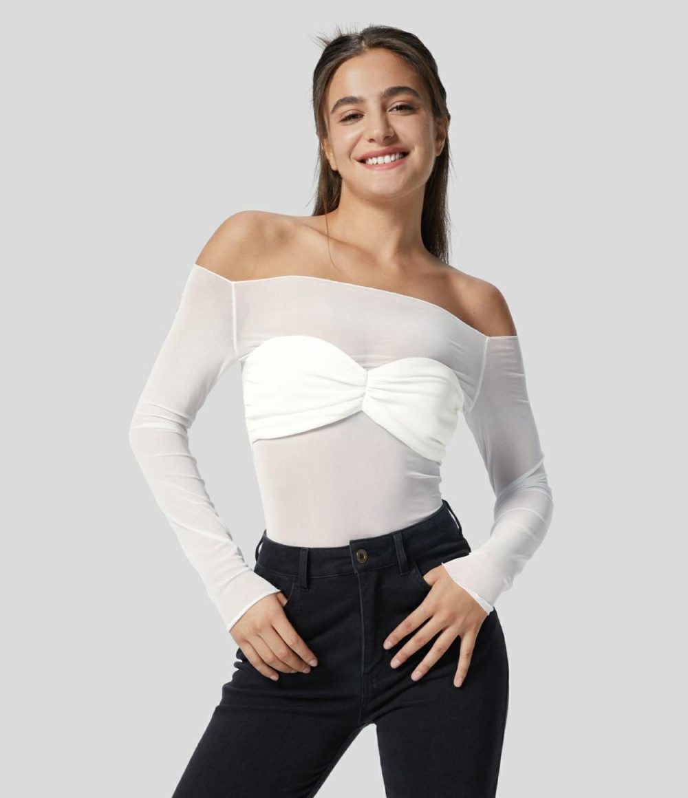 Sheer Mesh Off Shoulder Chest Ruched Party Top  | Womens  Long Sleeve Tops Clothing Black/White