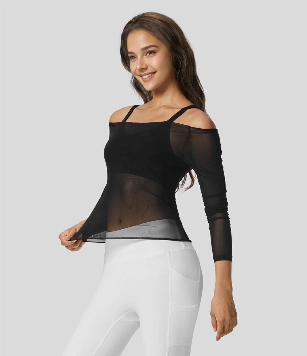 Sheer Off Shoulder Long Sleeve Contrast Mesh Casual Top  | Womens  Long Sleeve Tops Clothing Black/White