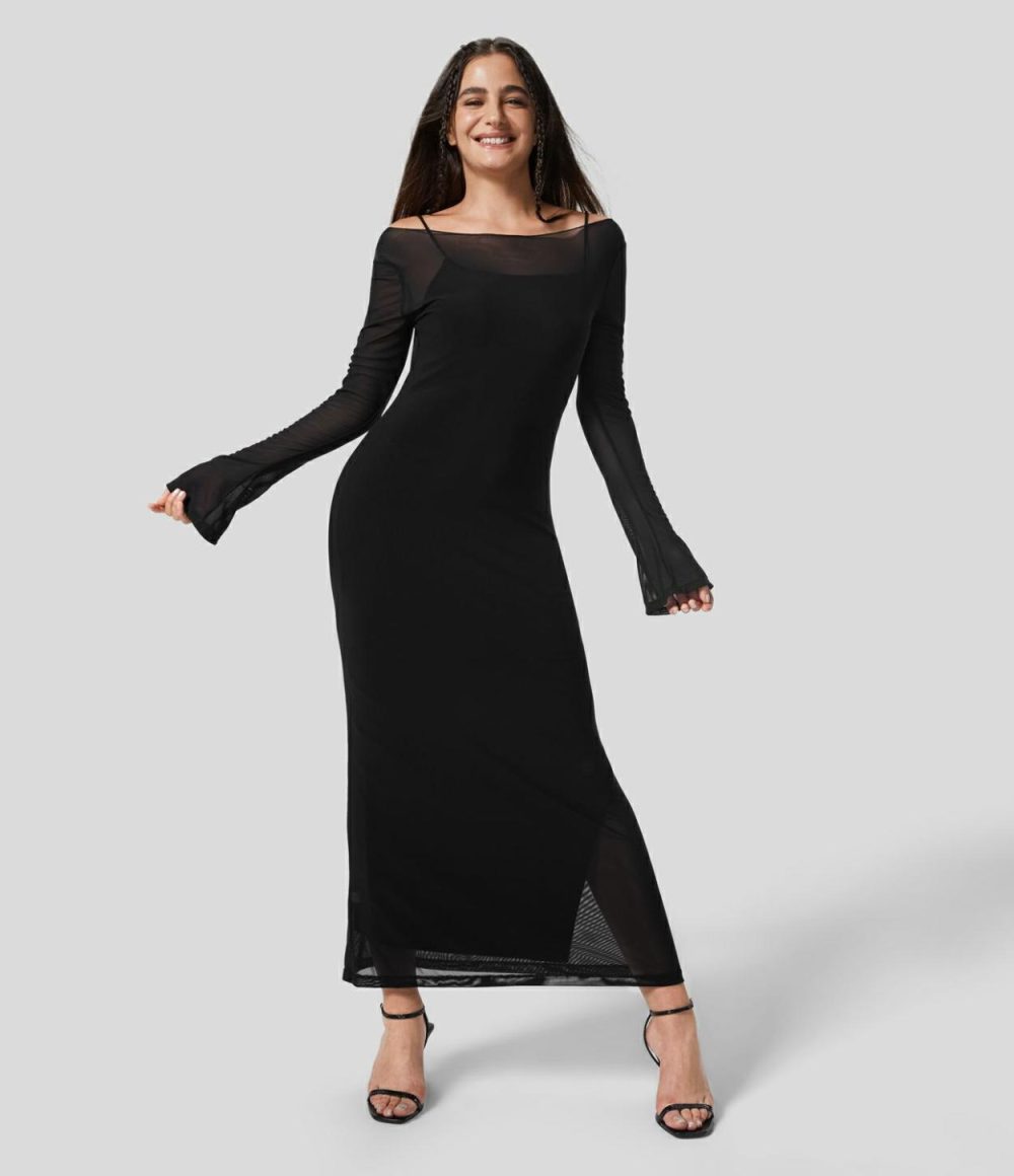 Sheer Pagoda Sleeve Split Bodycon 2-Piece Maxi Party Dress  | Womens  Party Dresses Clothing Frosted Almond/Black