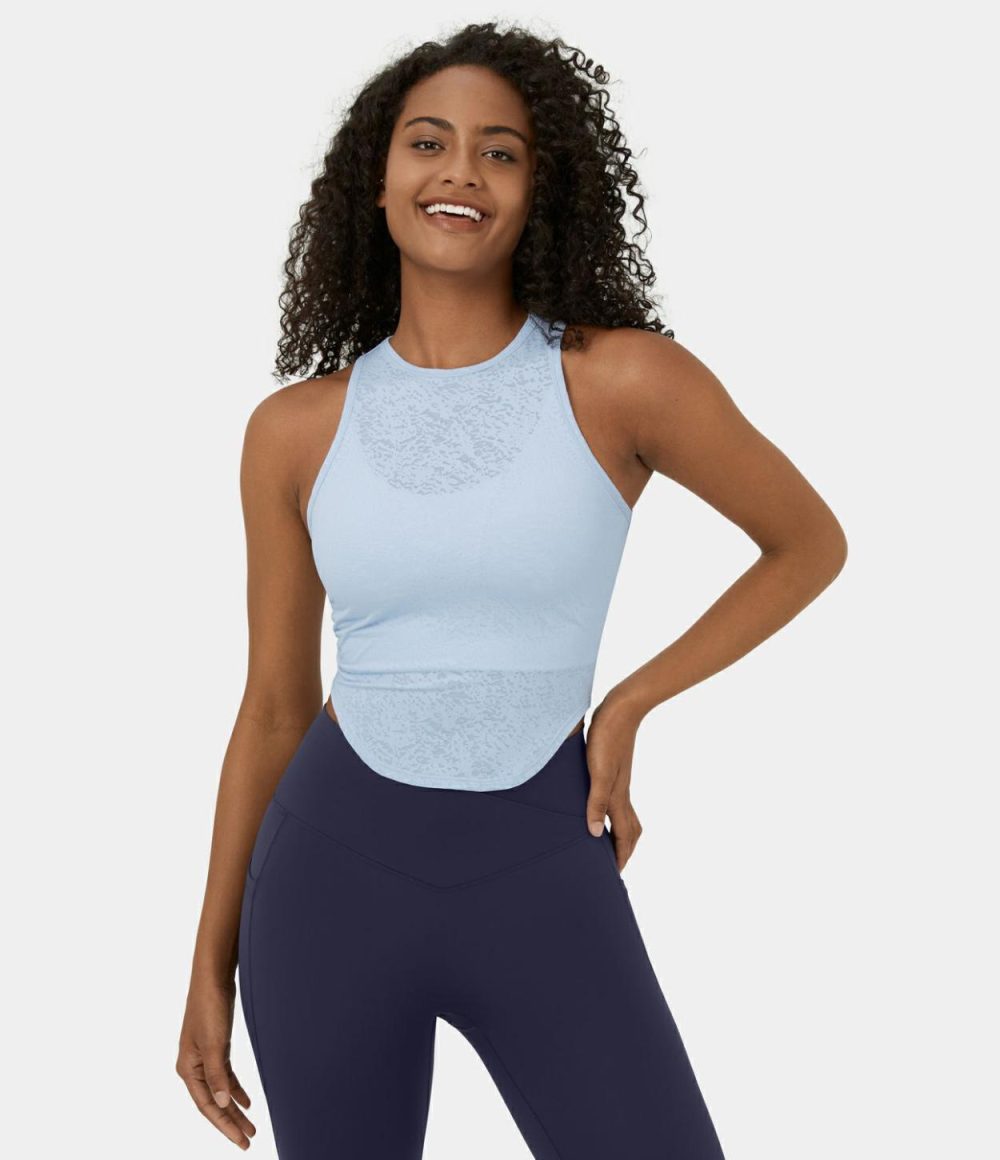 Sheer Round Neck Curved Hem Jacquard Yoga Tank Top  | Womens  Curved Hem Tops Clothing Curved Hem Tops