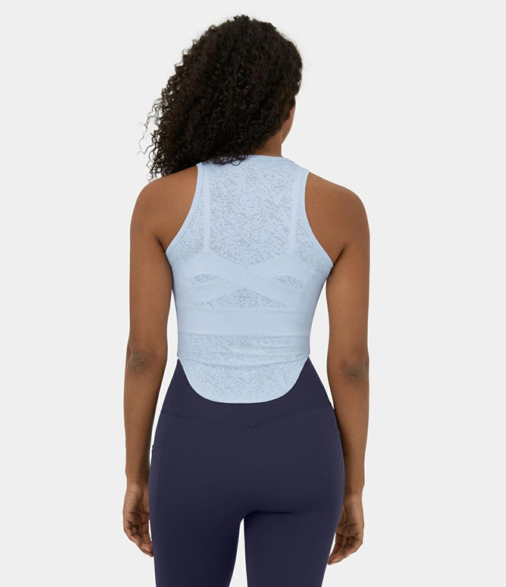 Sheer Round Neck Curved Hem Jacquard Yoga Tank Top  | Womens  Curved Hem Tops Clothing Curved Hem Tops