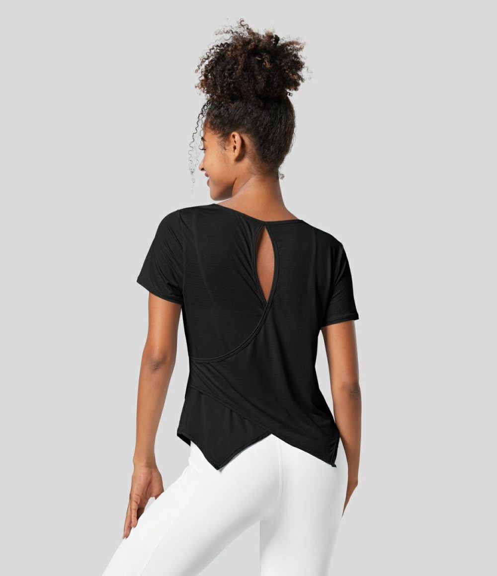 Sheer Round Neck Short Sleeve Cut Out Asymmetric Hem Jacquard Yoga Sports Top  | Womens  Sports Tops Clothing Black/Saltwater Slide