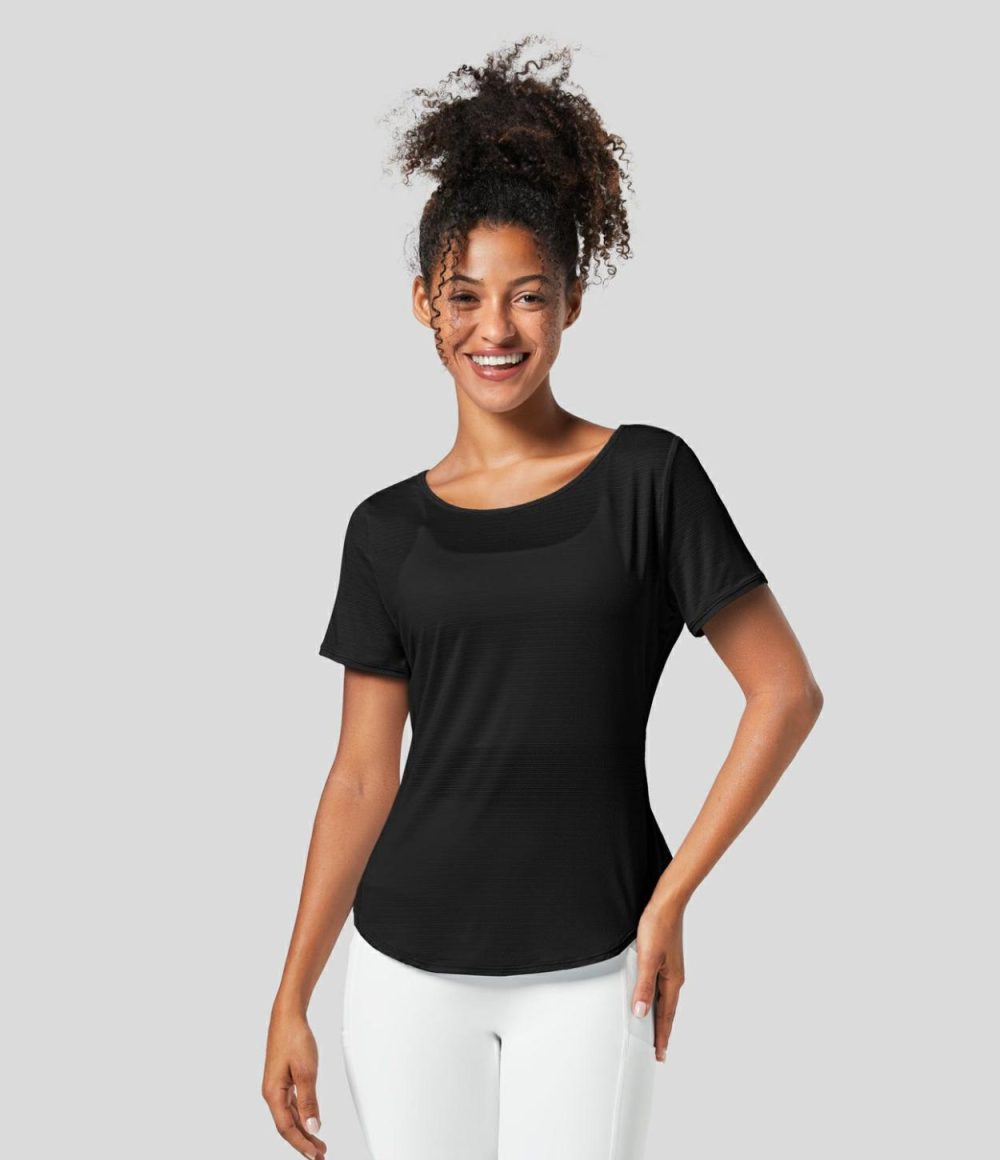 Sheer Round Neck Short Sleeve Cut Out Asymmetric Hem Jacquard Yoga Sports Top  | Womens  Sports Tops Clothing Black/Saltwater Slide