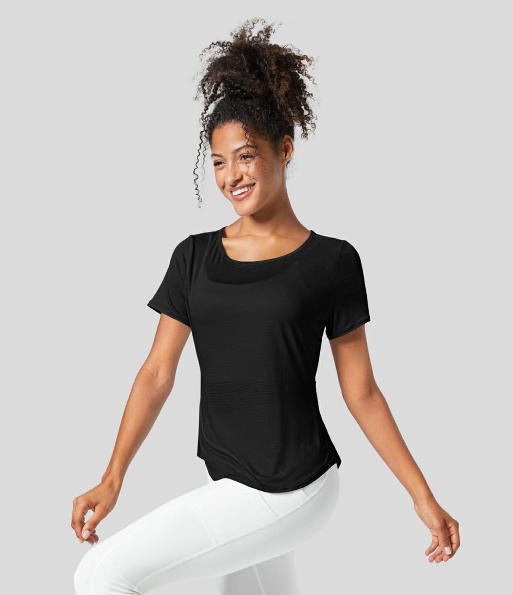 Sheer Round Neck Short Sleeve Cut Out Asymmetric Hem Jacquard Yoga Sports Top  | Womens  Sports Tops Clothing Black/Saltwater Slide