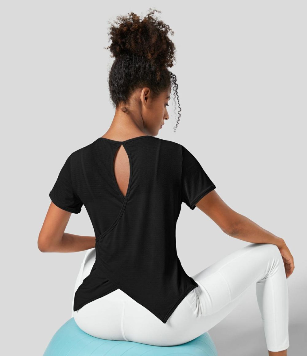 Sheer Round Neck Short Sleeve Cut Out Asymmetric Hem Jacquard Yoga Sports Top  | Womens  Sports Tops Clothing Black/Saltwater Slide