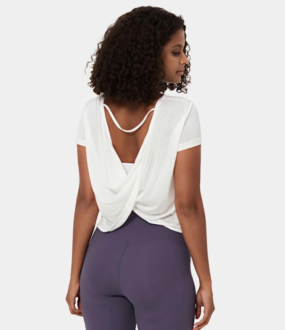 Sheer Short Sleeve V Back Draped Sports Top  | Womens  Sports Tops Clothing Sports Tops