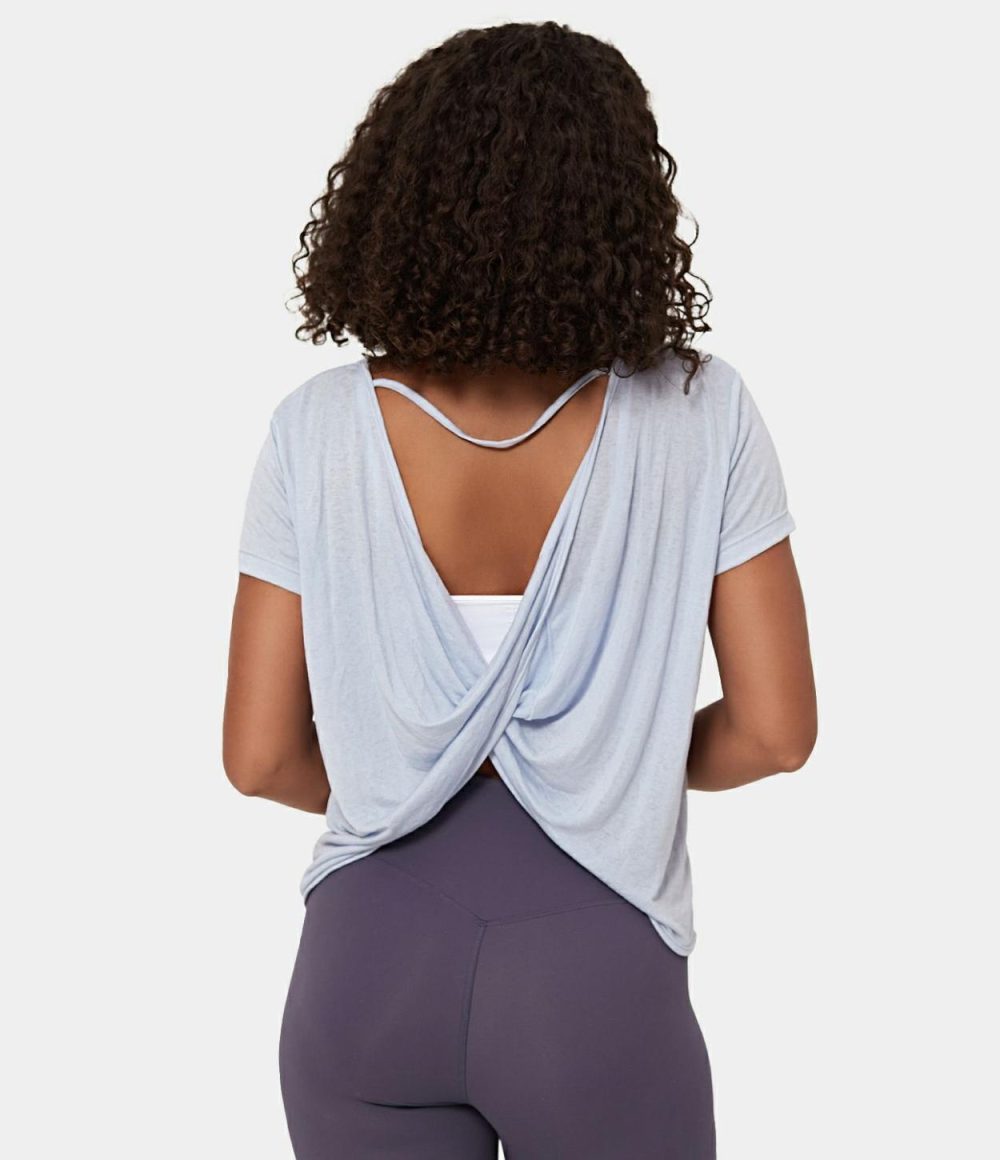 Sheer Short Sleeve V Back Draped Sports Top  | Womens  Sports Tops Clothing Sports Tops