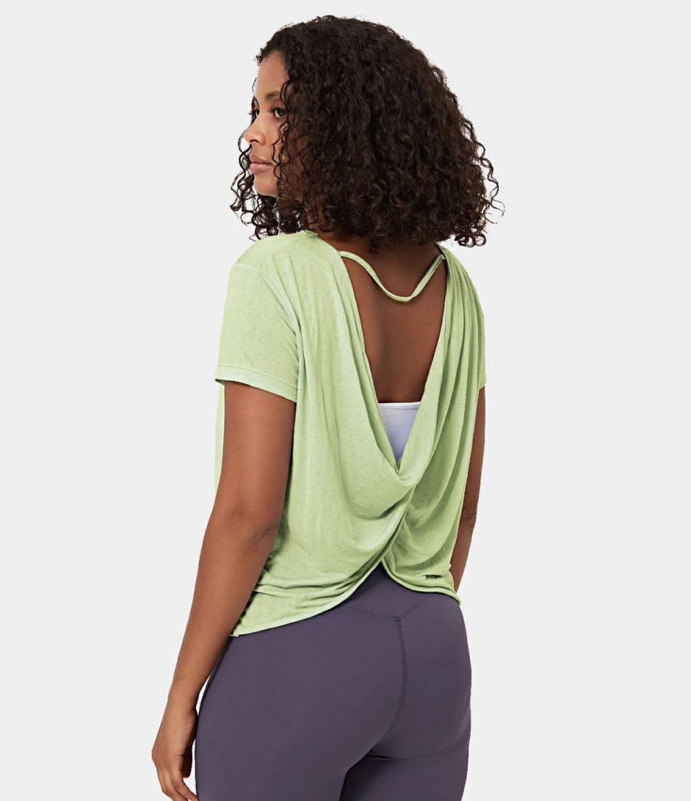 Sheer Short Sleeve V Back Draped Sports Top  | Womens  Sports Tops Clothing Sports Tops