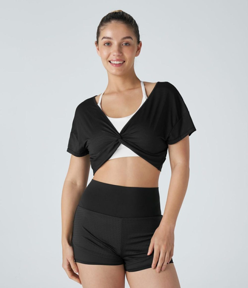 Sheer V Neck Twisted Cropped Jacquard Yoga Sports Top  | Womens  Sports Tops Clothing Saltwater Slide/Black