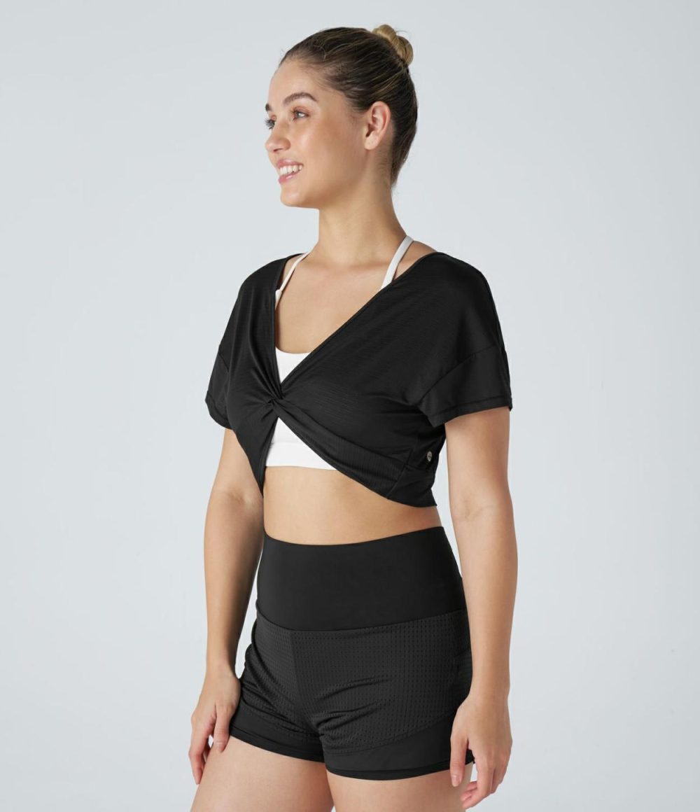 Sheer V Neck Twisted Cropped Jacquard Yoga Sports Top  | Womens  Sports Tops Clothing Saltwater Slide/Black