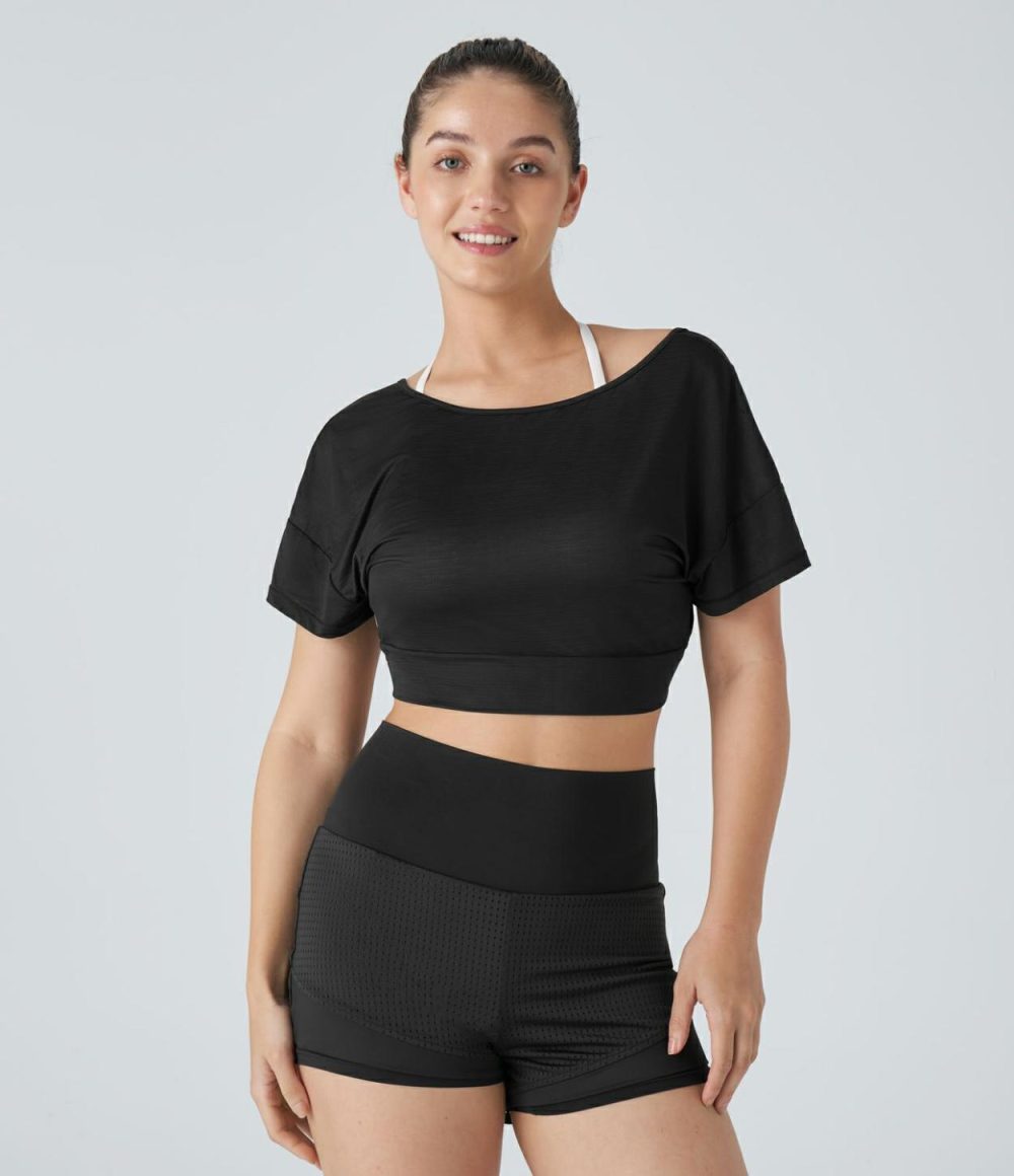 Sheer V Neck Twisted Cropped Jacquard Yoga Sports Top  | Womens  Sports Tops Clothing Saltwater Slide/Black