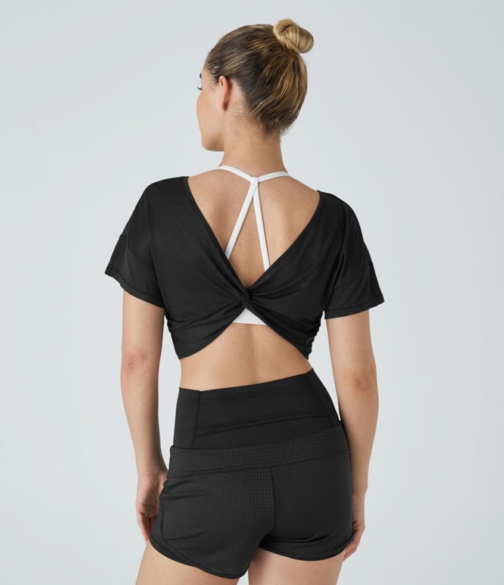 Sheer V Neck Twisted Cropped Jacquard Yoga Sports Top  | Womens  Sports Tops Clothing Saltwater Slide/Black