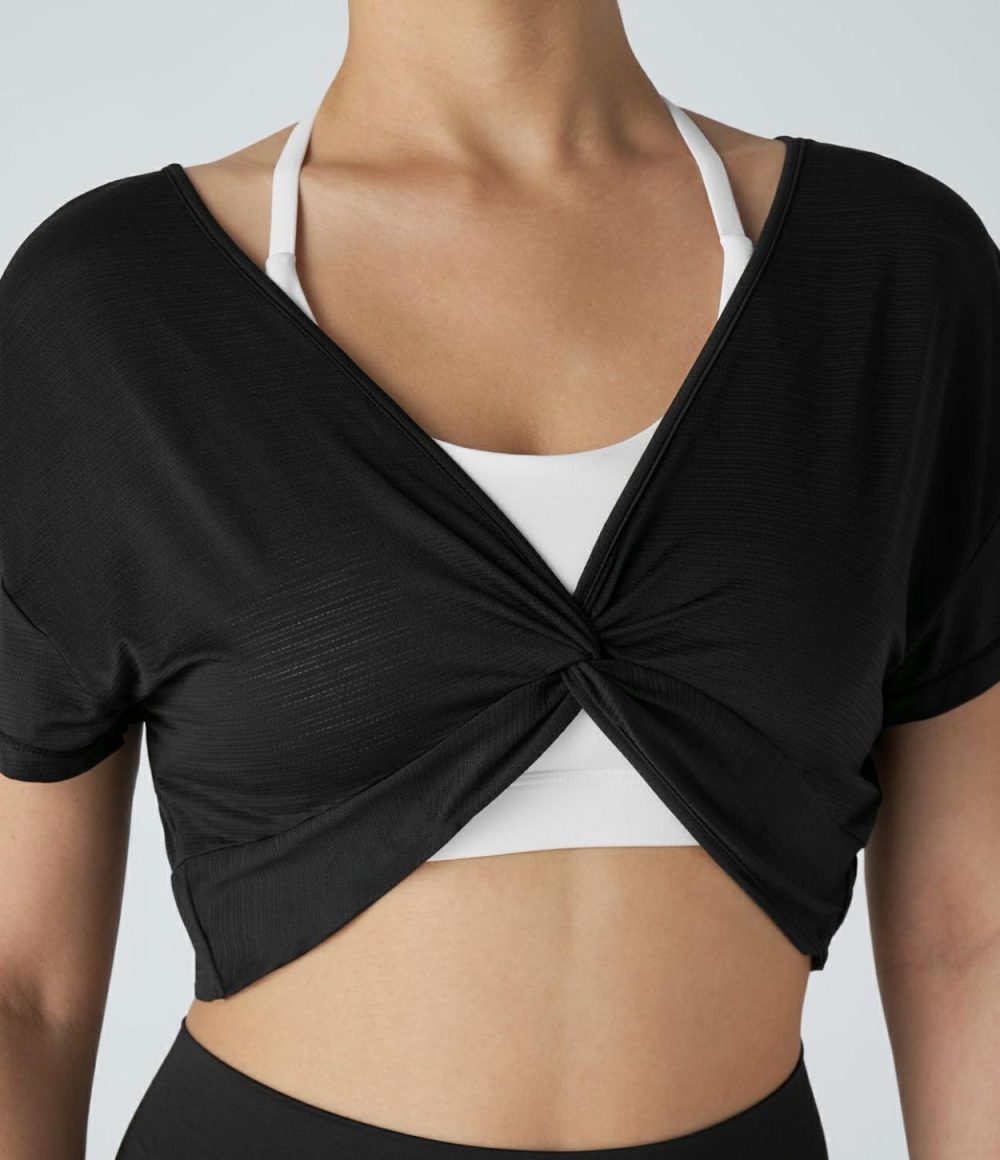 Sheer V Neck Twisted Cropped Jacquard Yoga Sports Top  | Womens  Sports Tops Clothing Saltwater Slide/Black