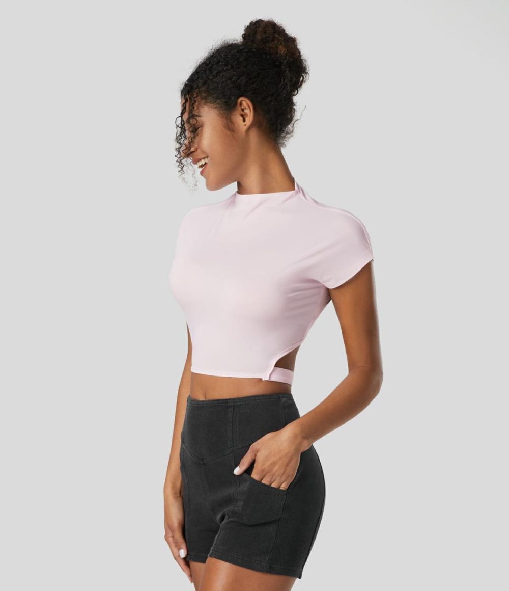 Short Sleeve Adjustable Buckle Cropped Quick Dry Dance Sports Top  | Womens  Sports Tops Clothing Black/Rice Pink