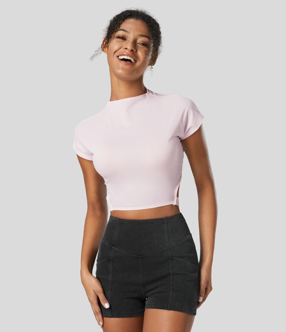 Short Sleeve Adjustable Buckle Cropped Quick Dry Dance Sports Top  | Womens  Sports Tops Clothing Black/Rice Pink