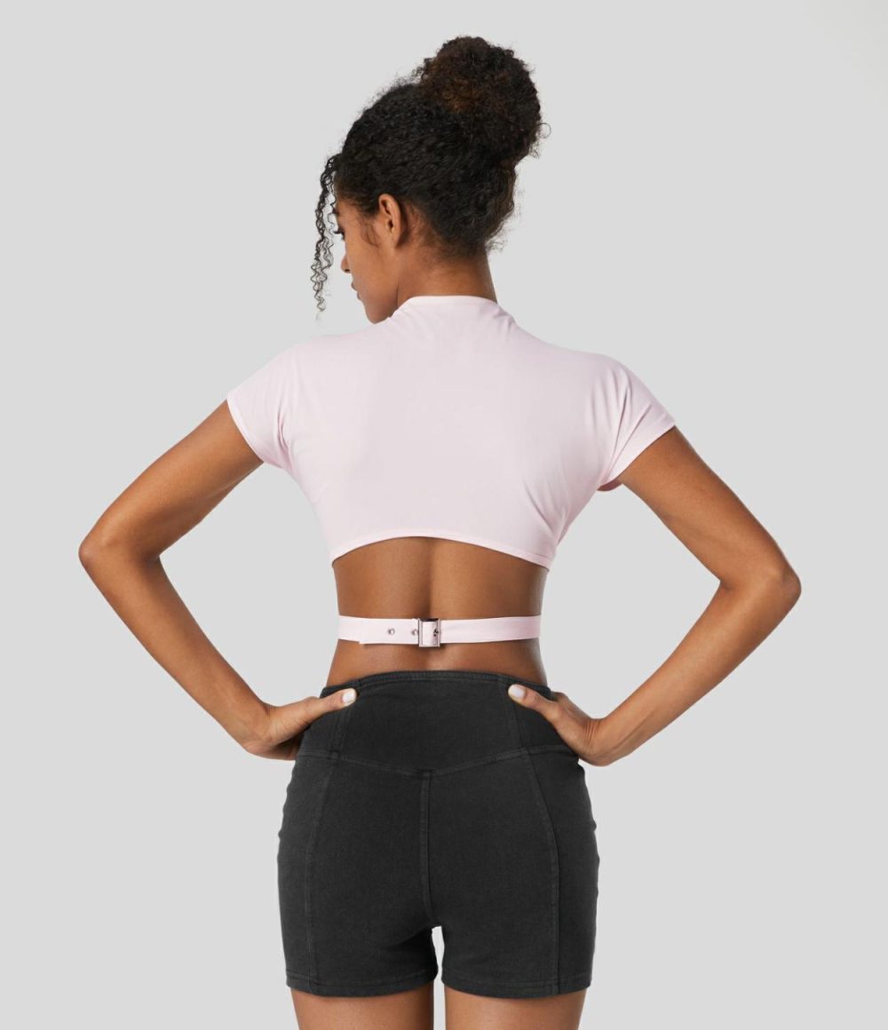 Short Sleeve Adjustable Buckle Cropped Quick Dry Dance Sports Top  | Womens  Sports Tops Clothing Black/Rice Pink