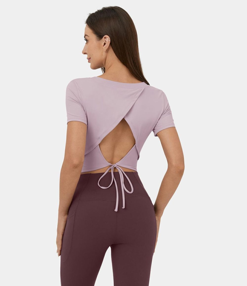 Short Sleeve Backless Cut Out Tie Back Cropped Yoga Sports Top  | Womens  Sports Tops Clothing Pink Purple/Black