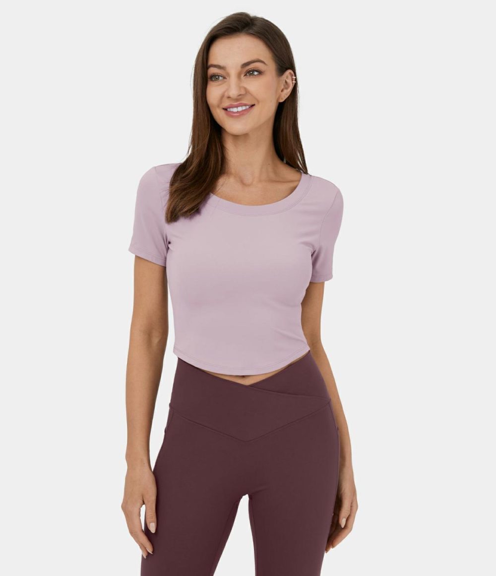 Short Sleeve Backless Cut Out Tie Back Cropped Yoga Sports Top  | Womens  Sports Tops Clothing Pink Purple/Black