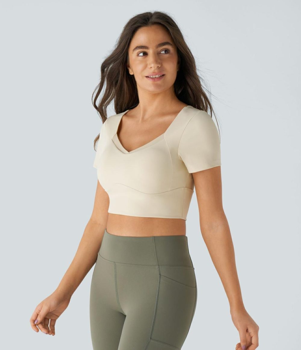 Short Sleeve Contrast Mesh Cropped Yoga Sports Top  | Womens  Sports Tops Clothing Sports Tops