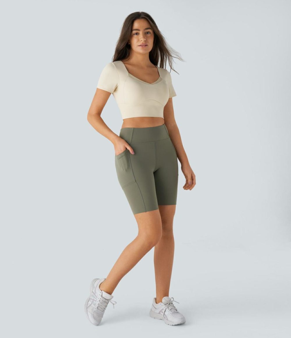 Short Sleeve Contrast Mesh Cropped Yoga Sports Top  | Womens  Sports Tops Clothing Sports Tops