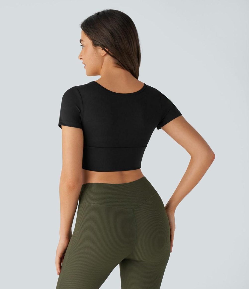 Short Sleeve Contrast Mesh Cropped Yoga Sports Top  | Womens  Sports Tops Clothing Sports Tops