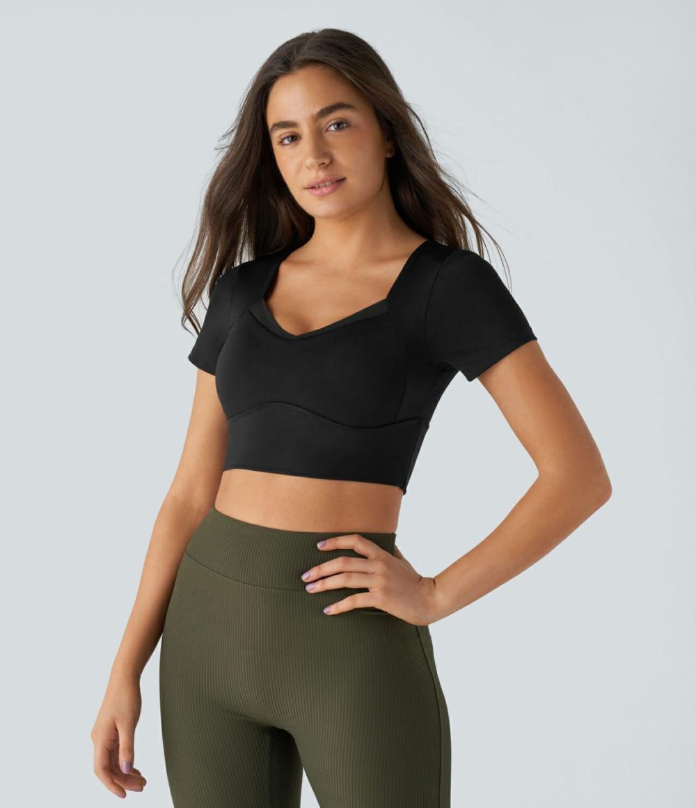 Short Sleeve Contrast Mesh Cropped Yoga Sports Top  | Womens  Sports Tops Clothing Sports Tops