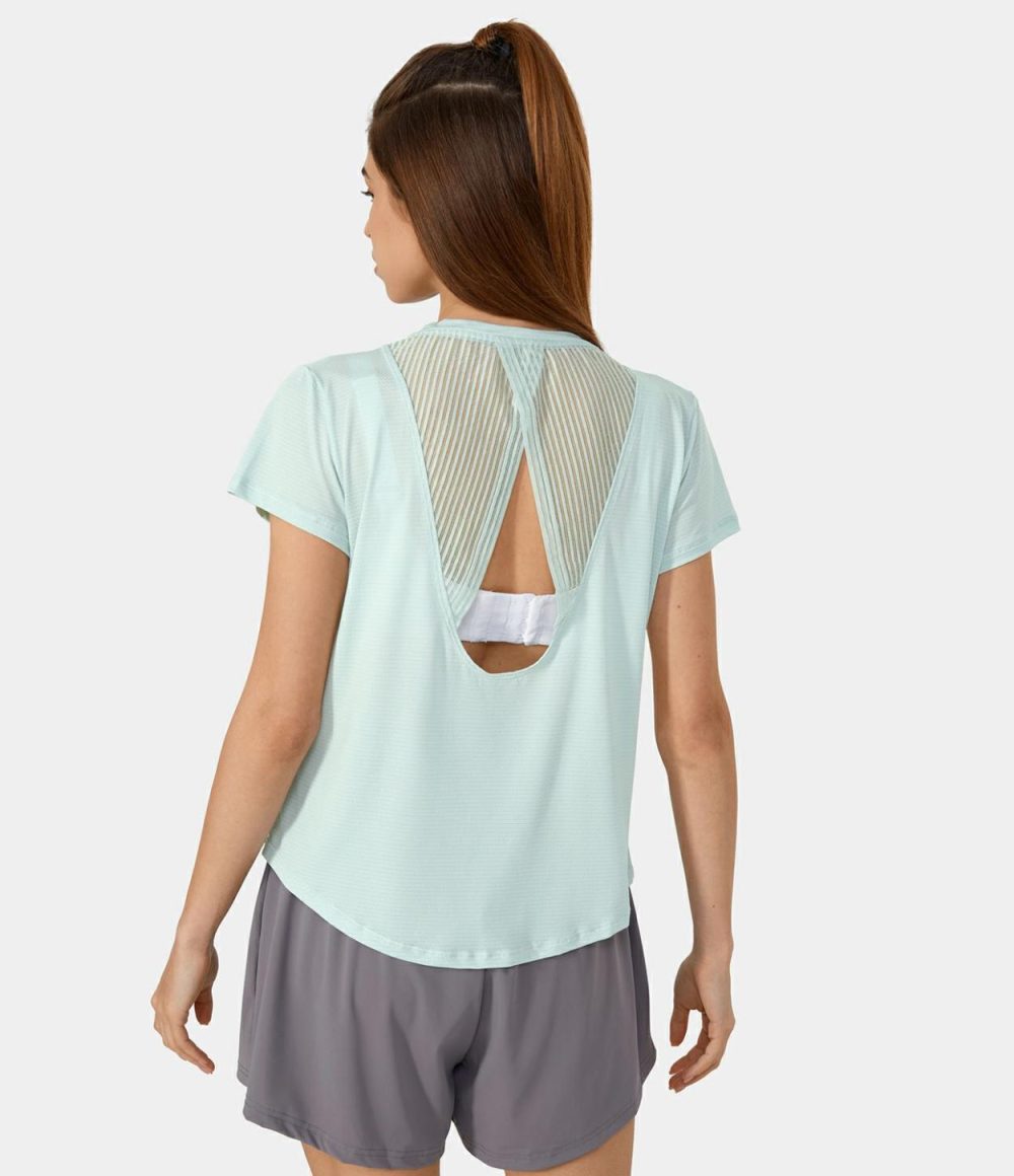 Short Sleeve Contrast Mesh Cut Out Yoga Sports Top  | Womens  Sports Tops Clothing Billowing Sail/Nimbus Cloud