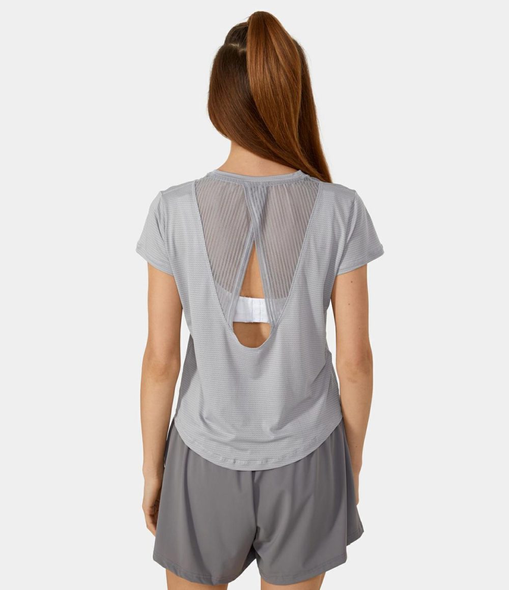 Short Sleeve Contrast Mesh Cut Out Yoga Sports Top  | Womens  Sports Tops Clothing Billowing Sail/Nimbus Cloud