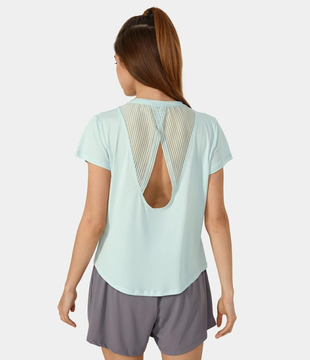 Short Sleeve Contrast Mesh Cut Out Yoga Sports Top  | Womens  Sports Tops Clothing Billowing Sail/Nimbus Cloud