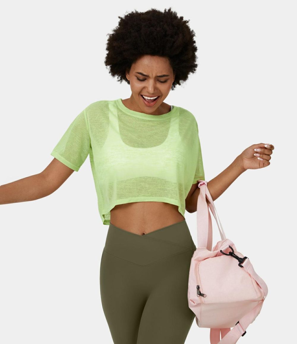 Short Sleeve Cropped Sheer Casual Top  | Womens  Cropped Tops Clothing Cropped Tops