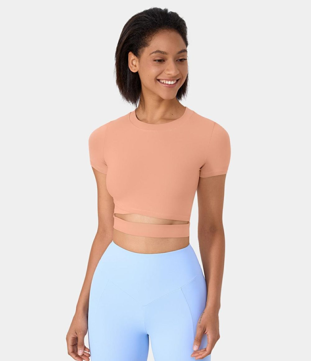 Short Sleeve Cut Out Cropped Yoga Sports Top  | Womens  Sports Tops Clothing Coral Cloud/Black/White