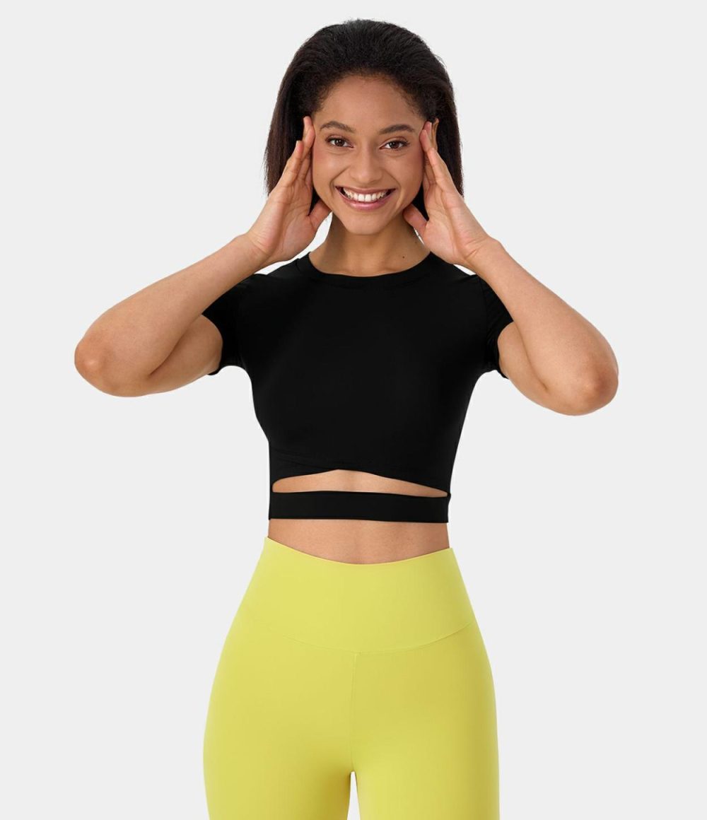 Short Sleeve Cut Out Cropped Yoga Sports Top  | Womens  Sports Tops Clothing Coral Cloud/Black/White