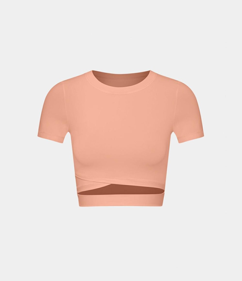 Short Sleeve Cut Out Cropped Yoga Sports Top  | Womens  Sports Tops Clothing Coral Cloud/Black/White