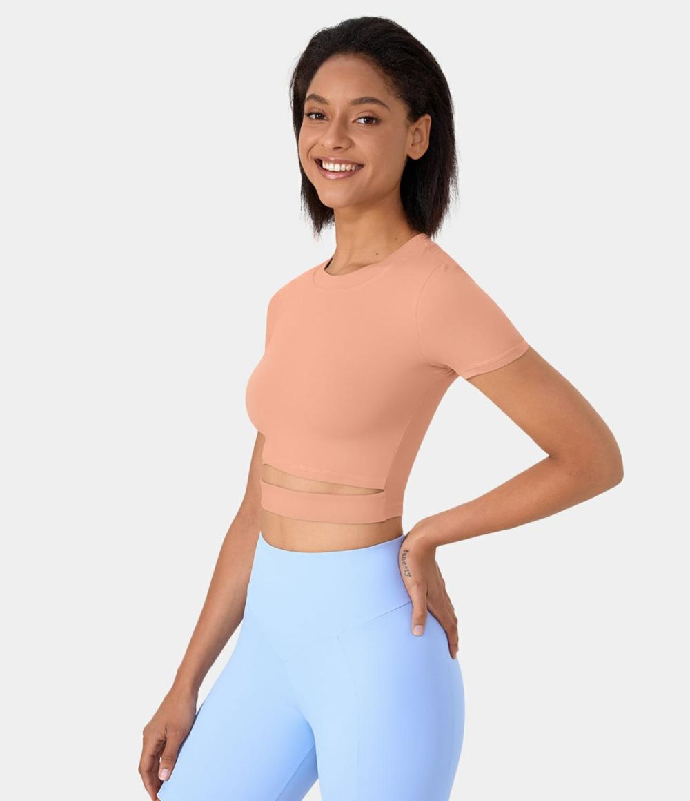 Short Sleeve Cut Out Cropped Yoga Sports Top  | Womens  Sports Tops Clothing Coral Cloud/Black/White