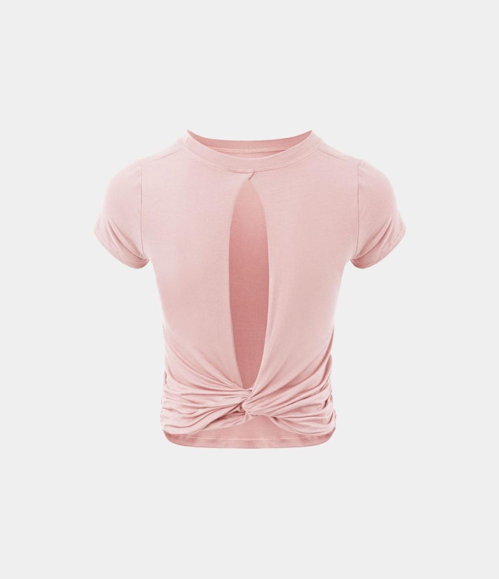 Short Sleeve Cut Out Twisted Sports Top  | Womens  Sports Tops Clothing Barely Pink/Misty Rose/Black/Fog Gray/White