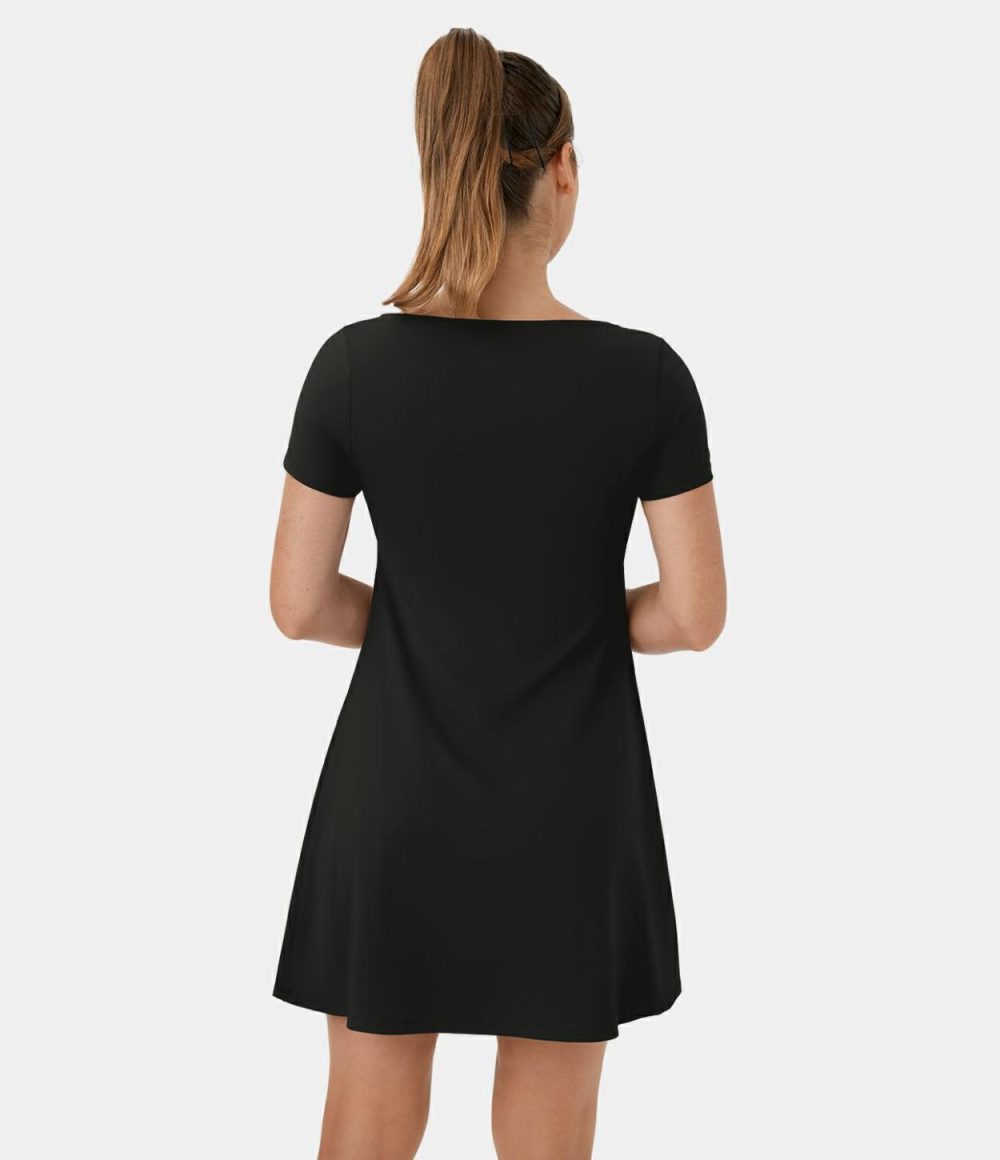 Short Sleeve Drawstring Ruched Casual Mini Dress  | Womens  Mini Dresses Clothing Infinity/Black