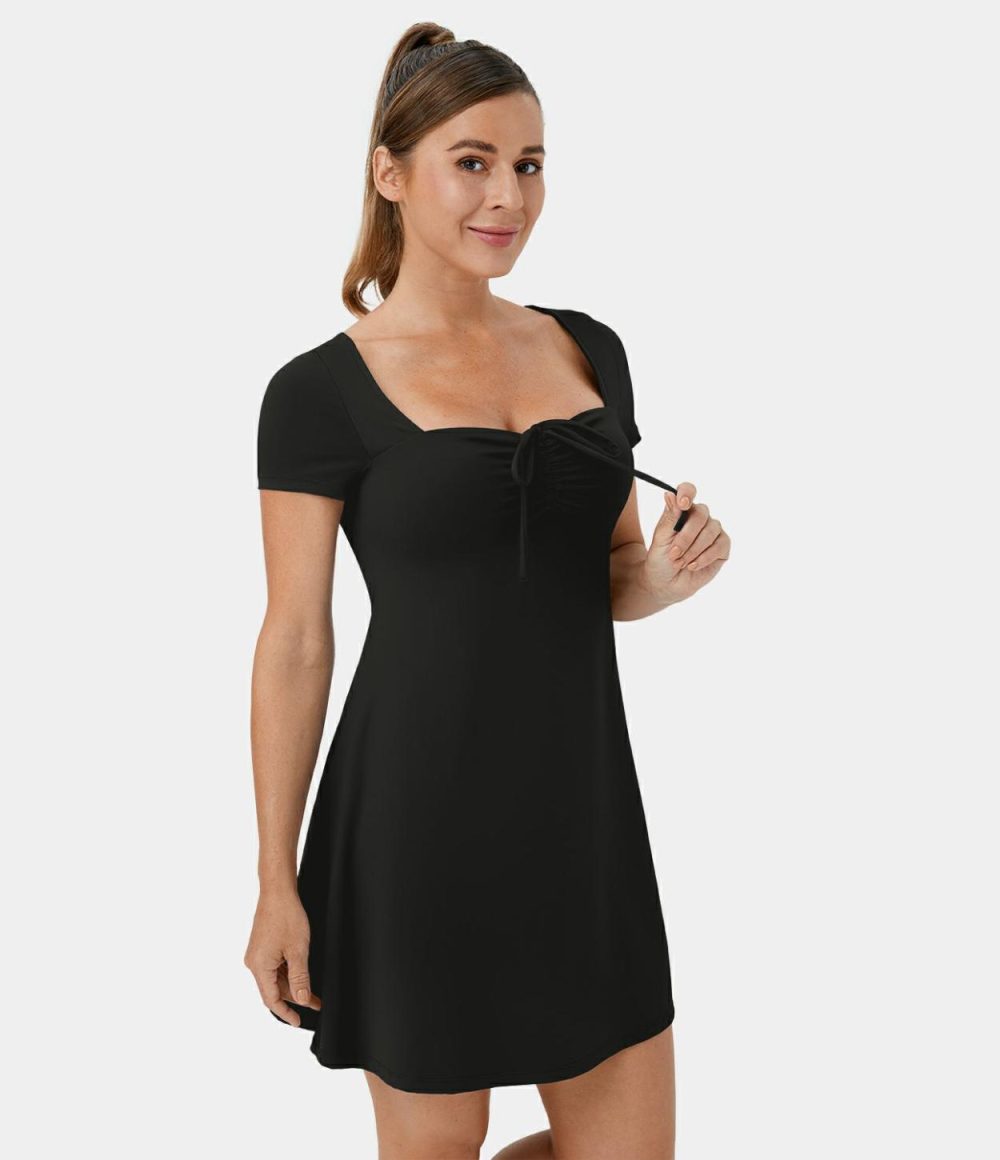 Short Sleeve Drawstring Ruched Casual Mini Dress  | Womens  Mini Dresses Clothing Infinity/Black