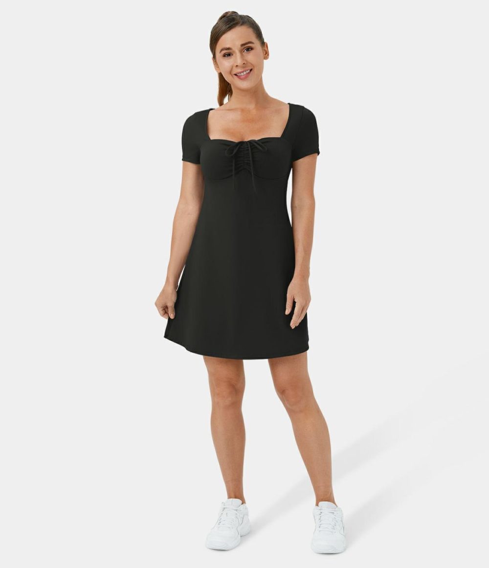 Short Sleeve Drawstring Ruched Casual Mini Dress  | Womens  Mini Dresses Clothing Infinity/Black