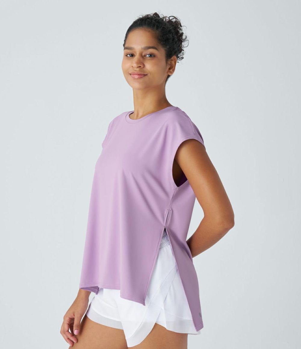 Short Sleeve Split High Low Running Sports Top  | Womens  Sports Tops Clothing Plum Pink Purple/White